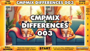 CMPMIX Differences 003 - Find 5 Differences - Cat on the couch - Free Browser Game